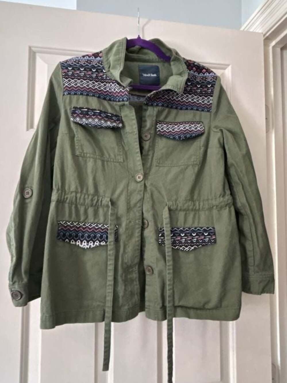 ModCloth Olive Green Utility Jacket with Geometric Pattern Trim Size L